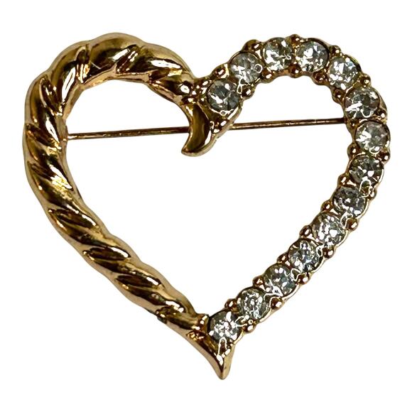 Vintage Gold Tone Clear CZ Heart Outline Brooch - Picture 1 of 5